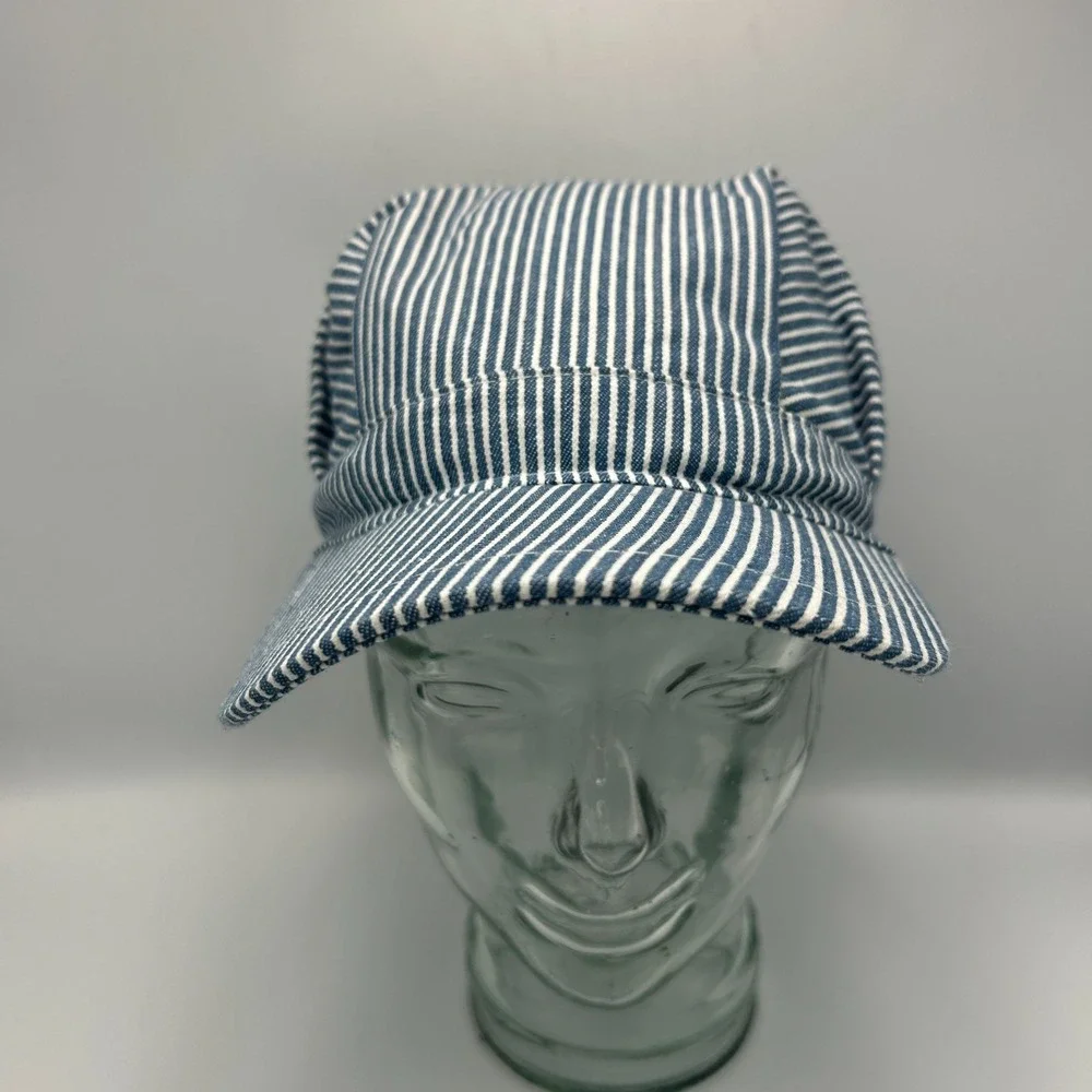 Vintage Conductor Hat Cap Sz L Mens Stripe Train Engineer Railroad Thomas Snap